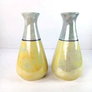 Set Of 2 Vtg MCM Porcelain 5" Yellow blue black lustre MOP bud vase beautiful